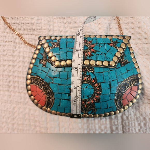Ramla Handmade Turquoise Mosaic Floral Purse with Gold Chain Strap Southwestern - Picture 11 of 11